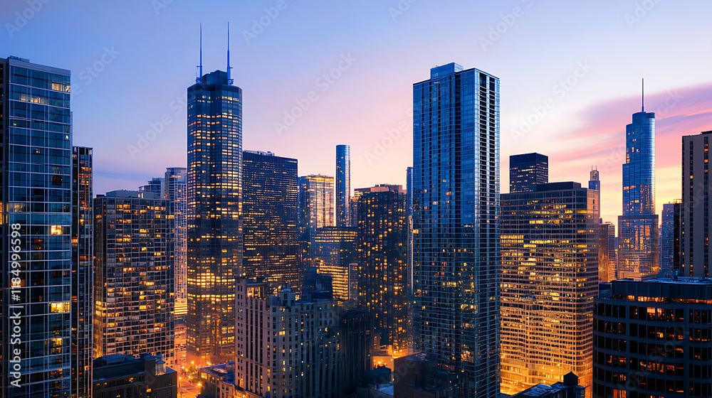 Obraz premium Abstract City Skyline at Dusk with Glowing Lights and Silhouettes