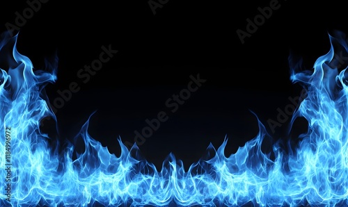 Abstract blue flames on black background, fiery border.
