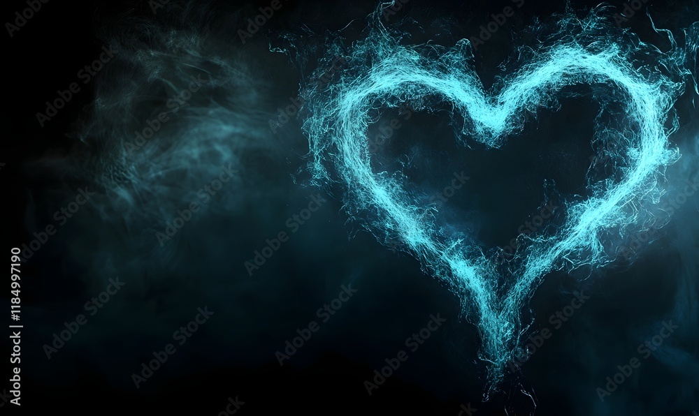 Glowing cyan heart shape in smoky darkness. Glowing cyan heart shape in smoky darkness.