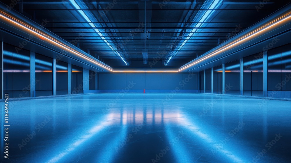 Fototapeta premium A serene, empty ice rink lit with vibrant blue and orange neon lights, creating a tranquil atmosphere.