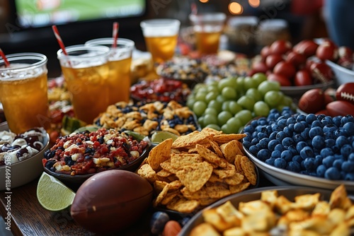 Delicious spread of snacks and drinks at a lively gathering with friends during a sports game