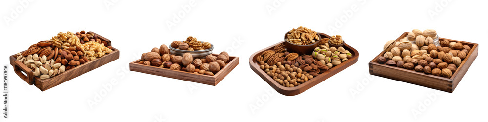 Wooden tray filled with nuts on table isolated on transparent background, Set of Wooden tray filled with nuts on table isolated on transparent background, Set of