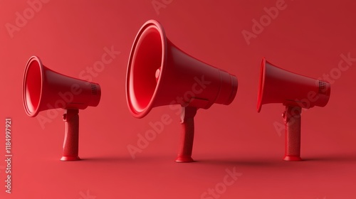 Red megaphone 3d in different angles for announce and promotion campaign. Realistic vector loudspeaker on transparent background. Public communication and attention or marketing promotion concept