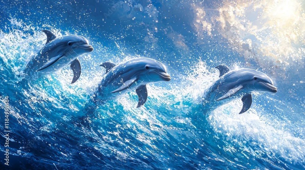 Fototapeta premium As the sun rises, dolphins leap joyfully over sparkling blue waves, creating a mesmerizing display of agility and grace in their natural marine habitat, evoking a sense of wonder and freedom