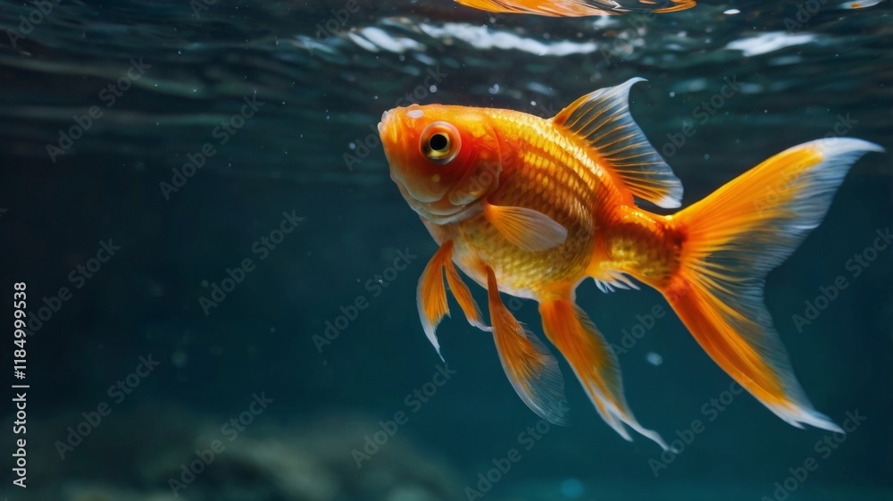 A close-up of a vibrant goldfish swimming gracefully in a clear glass bowl filled with water, showcasing its bright orange color and flowing fins. 