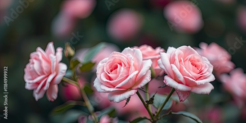 Fantasy Eustoma flowers in enchanted fairy tale dreamy green garden with fabulous fairytale blooming tender roses in early magical morning on mysterious floral background with sun rays.
 photo