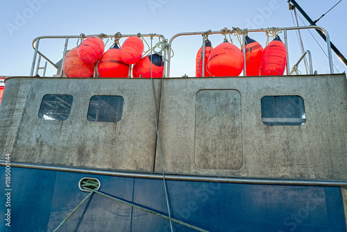 Orange boat buoys stored on the upper deck of a blue fishing vessel photo