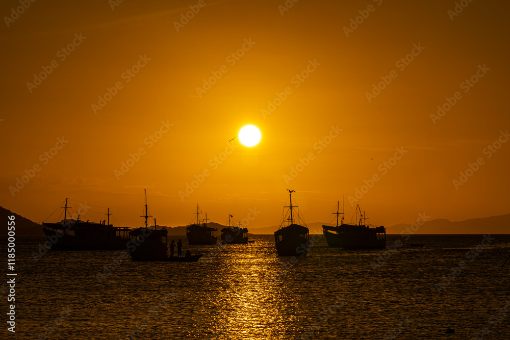 Landscape themes: Fishing boats in Juan Griego Bay at sunset. Margarita Island, Venezuela.