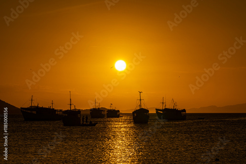 Obraz na płótnie Landscape themes: Fishing boats in Juan Griego Bay at sunset. Margarita Island, Venezuela. w salonie