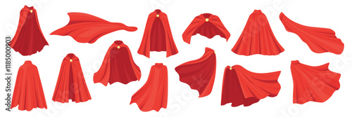 Red Superhero Capes Icon Set. Cartoon Hero Capes, Flying Capes For Comics, Animations, Costume Designs. Dynamic Red Comic Capes In Different Shapes For Superhero, Fantasy Hero Concept