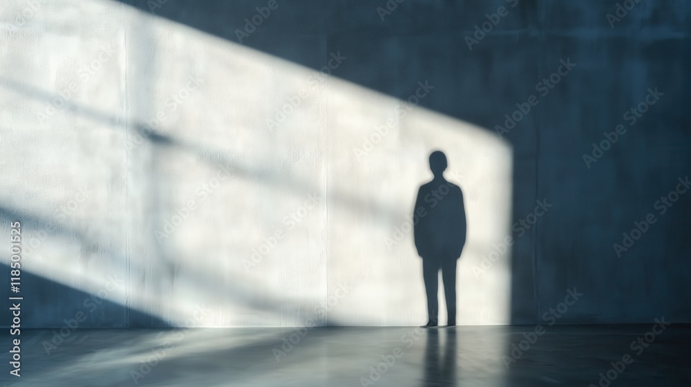 Fototapeta premium A lone shadow of a figure stretches across a blank wall. 