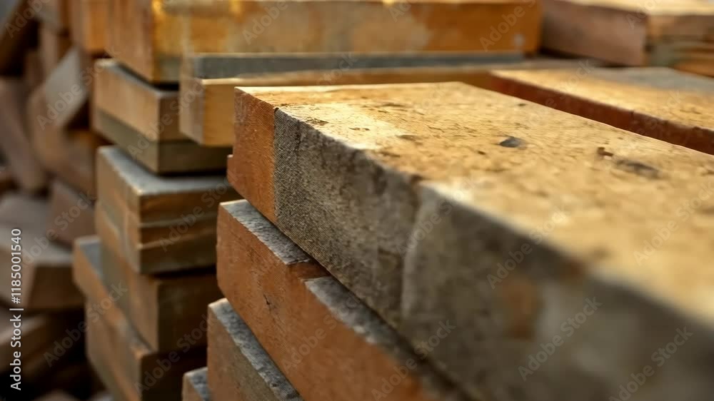Stack of bricks is piled on top of each other. The bricks are brown and rough. The stack is very high and is almost touching the ground Stack of bricks is piled on top of each other. The bricks are brown and rough. The stack is very high and is almost touching the ground