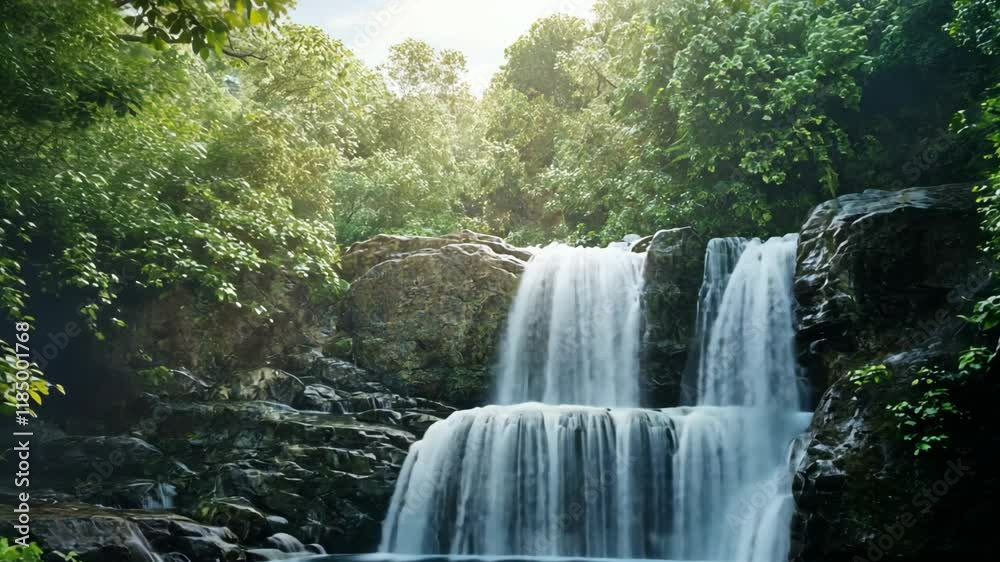 Green lush forest with waterfall and small creek, sunlight shine on floor 