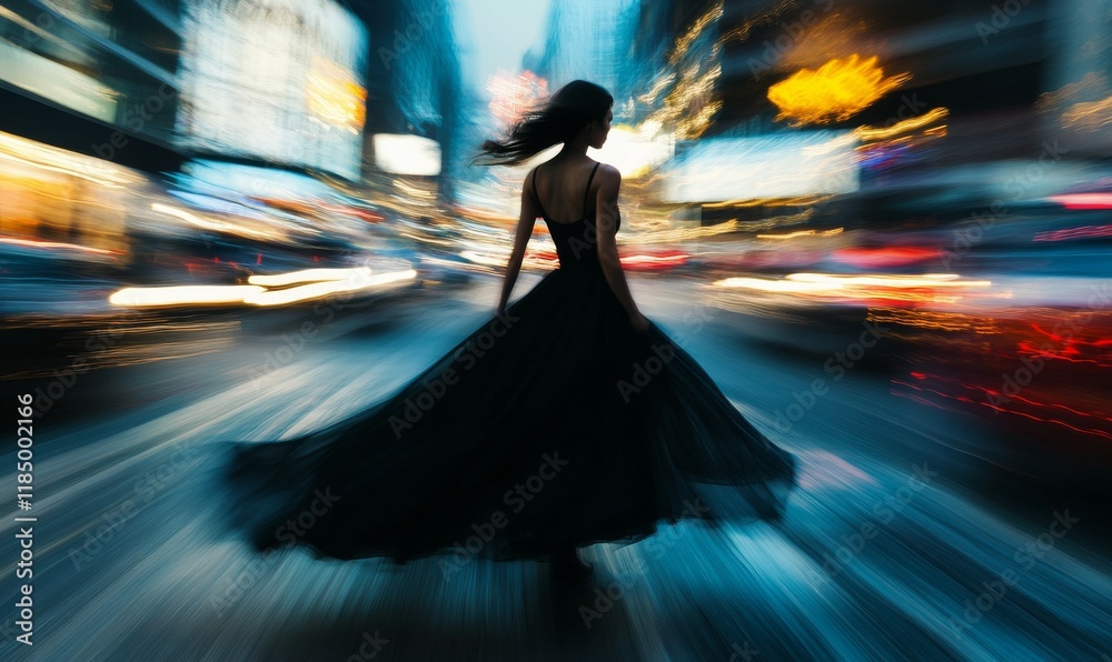 Woman in Black Dress Walking on Urban Street with Motion Blur Woman in Black Dress Walking on Urban Street with Motion Blur