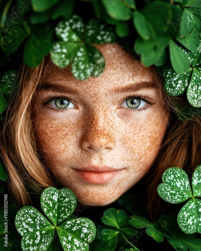 Close-up portrait of a freckled girl surrounded by shamrocks