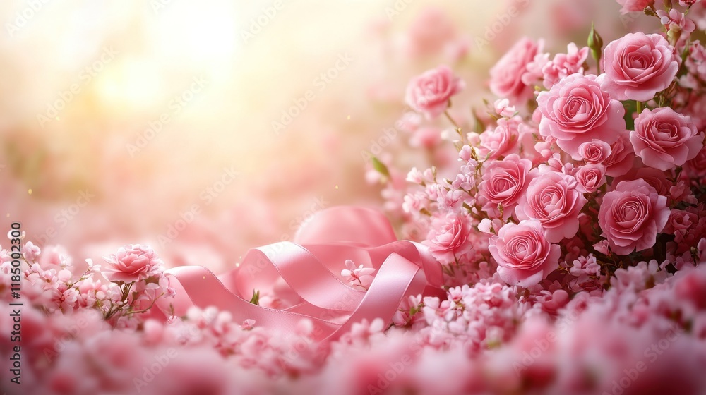 Pink roses and ribbon in sunlight. Pink roses and ribbon in sunlight.
