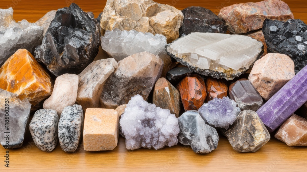 A vibrant array of various crystals and stones showcasing unique textures and colors, ideal for use in educational materials, spiritual content, or decorative art