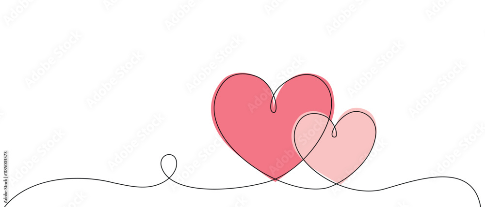 Continuous line drawing of heart and words. Vector illustration. One single line drawing of love concept cute heart shaped for greeting card. Romantic symbol for wedding invitation, Valentine's Day.