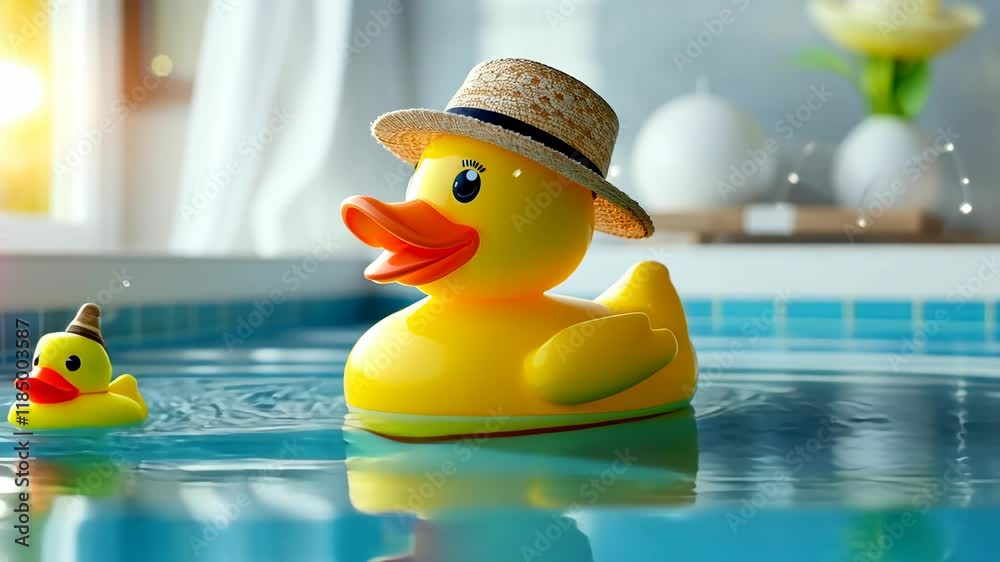 Yellow rubber duck wearing a straw hat is floating in a pool. The duck is in the middle of the pool and is surrounded by water