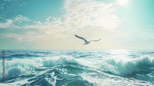 Bird gliding over the ocean waves toward land, ai-generated. Seabreeze. Illustration