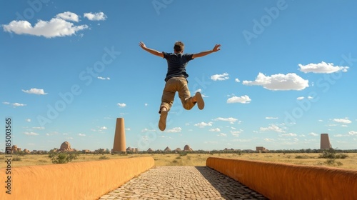 Young man jumping mid-air in the archaeological site of suakin, sudan photo