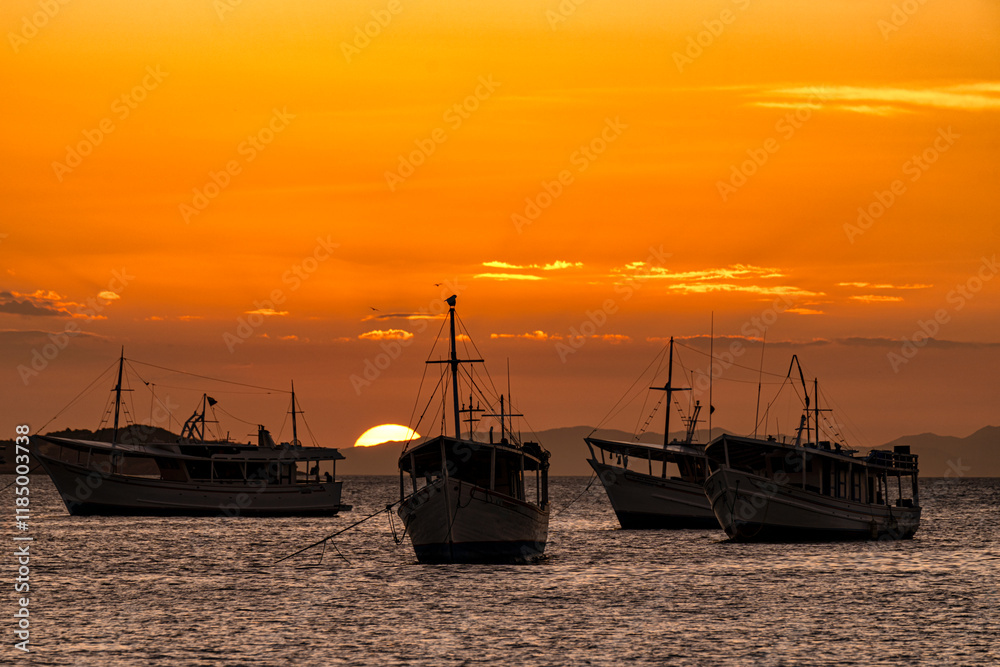Landscape themes: Fishing boats in Juan Griego Bay at sunset. Margarita Island, Venezuela.