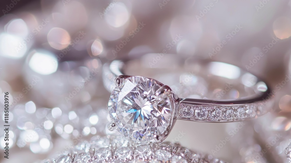 Sparkling diamond ring, bright setting, glittering background.