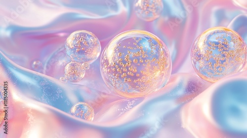 Background of water with oil bubbles, liquid collagen or serum. Skin care cosmetic product texture, clear essence or transparent gel with gold bubbles, vector realistic illustration