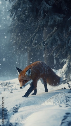 A realistic red fox walking through a snow-covered forest with falling snowflakes.