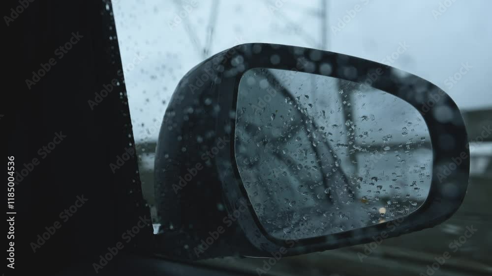 Side view mirror of a car on a rainy day, 4K