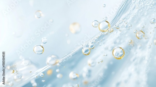 Background of water with oil bubbles, liquid collagen or serum. Skin care cosmetic product texture, clear essence or transparent gel with gold bubbles, vector realistic illustration
