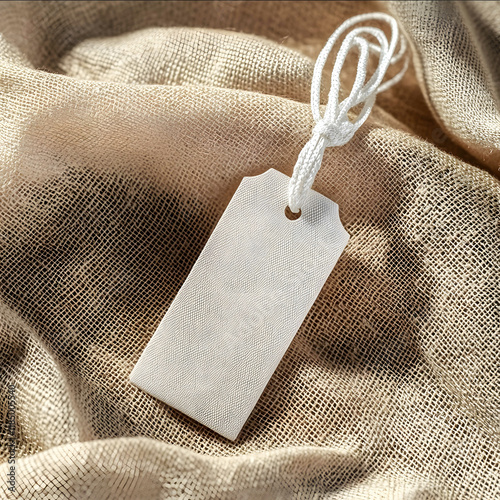 ultra realistic cinmetaic silk white long neck tag on tan whool texture photo