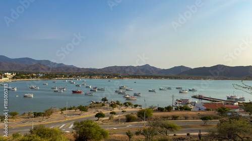 Travel themes: Panoramic view of Juan Griego bay at sunset in Margarita island. Venezuela photo