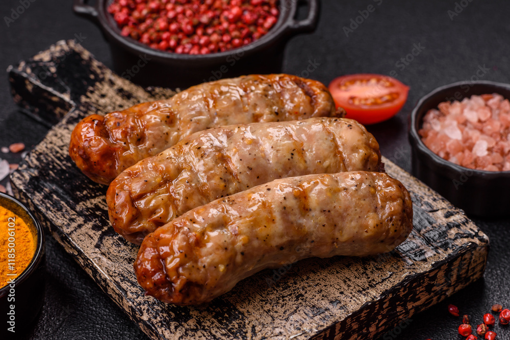 Juicy chicken or pork sausages with salt and spices Juicy chicken or pork sausages with salt and spices