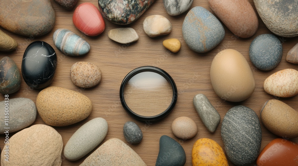 A collection of various smooth stones is arranged around a circular magnifying glass, resting on a wooden surface, This image can be used for educational purposes, nature-themed projects A collection of various smooth stones is arranged around a circular magnifying glass, resting on a wooden surface, This image can be used for educational purposes, nature-themed projects