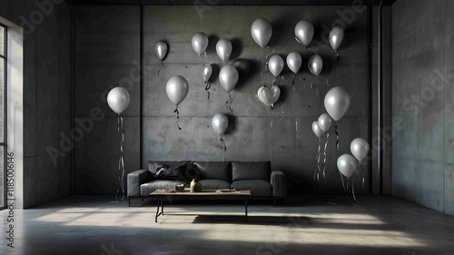 Minimal Elegance: Floating Silver Balloons in a Modern Space