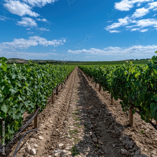 Vineyard Rows Stretching to the Horizon Under a Blue Sky
