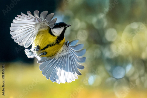  Una cinciallegra (Parus major) vola verso un ramo dove ha visto un insetto per mangiarlo.