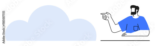 Man with beard and blue shirt pointing at large cloud shape. Ideal for technology, cloud computing, business, IT services, data storage, innovation, network solutions. Simple abstract line flat