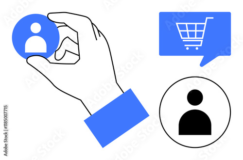 Hand gripping user profile icon, shopping cart dialogue bubble, and additional user profile icon. Ideal for online shopping, user selection, e-commerce, digital profiles, technology services, UX