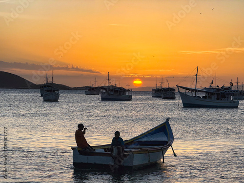 Landscape themes: Fishing boats in Juan Griego Bay at sunset. Margarita Island, Venezuela. photo