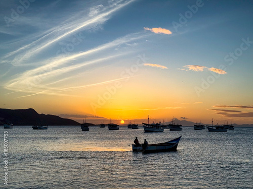 Landscape themes: Fishing boats in Juan Griego Bay at sunset. Margarita Island, Venezuela. photo