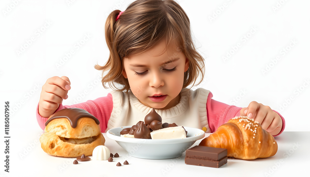 child unbalanced eating. unhealthy bad habits. confectionery and puff pastry overeating. little girl drooling over croissants and chocolate sweets isolated with white highlights, png child unbalanced eating. unhealthy bad habits. confectionery and puff pastry overeating. little girl drooling over croissants and chocolate sweets isolated with white highlights, png