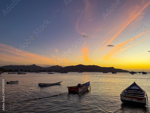 Landscape themes: Fishing boats in Juan Griego Bay at sunset. Margarita Island, Venezuela. photo