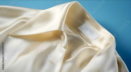 Professional photo of a creamcolored silk blouse on an isolated blue background with the right corner of its collar featuring a white label tag for product branding a photo