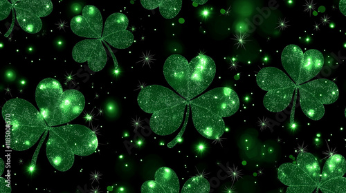 Seamless sparkling shamrock pattern, vibrant green on black, St. Patrick's Day background