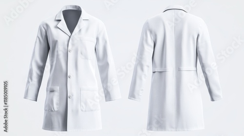 White doctor coat, medical uniform isolated on transparent background. Vector realistic mock up of lab costume front and side view. Clothes for medicine profession, nurse suit, physician robe