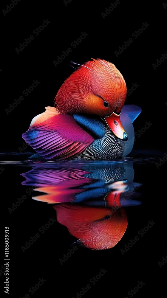 Obraz premium A vibrant mandarin duck with striking colorful feathers reflected in calm water.