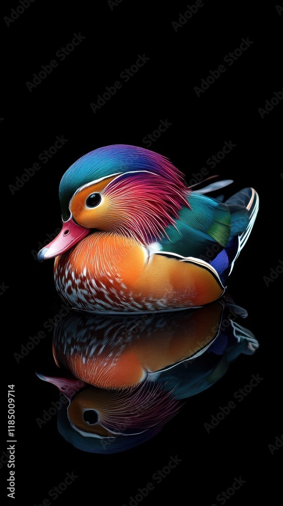 Obraz premium A vibrant mandarin duck with stunning plumage reflects beautifully against a dark background.