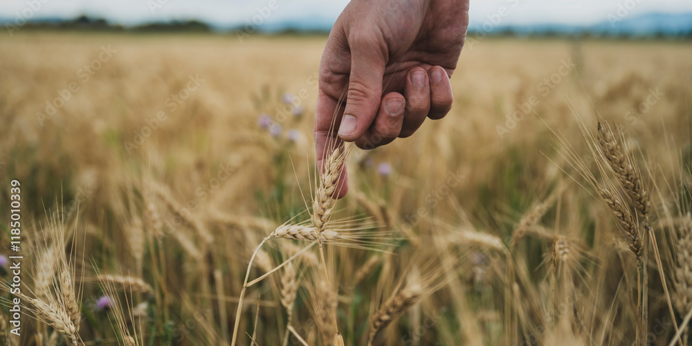 Male hand touching a golden wheat ear Male hand touching a golden wheat ear